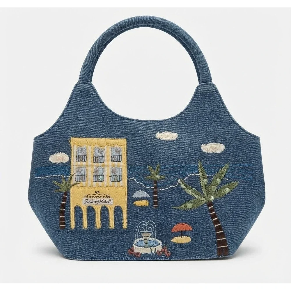 Forever by Fossil Denim Embroidered Forever Hotel Sequin Tropical Handbag Blue
